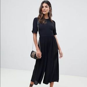 ASOS DESIGN Tea Jumpsuit with Button Back and Ruched Sleeves in Black